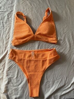 SHEIN Orange Ribbed Triangle Bikini Set